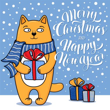Kedi ile neşeli Noel ve mutlu yeni yıl tebrik kartı