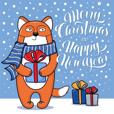 Fox ile neşeli Noel ve mutlu yeni yıl tebrik kartı
