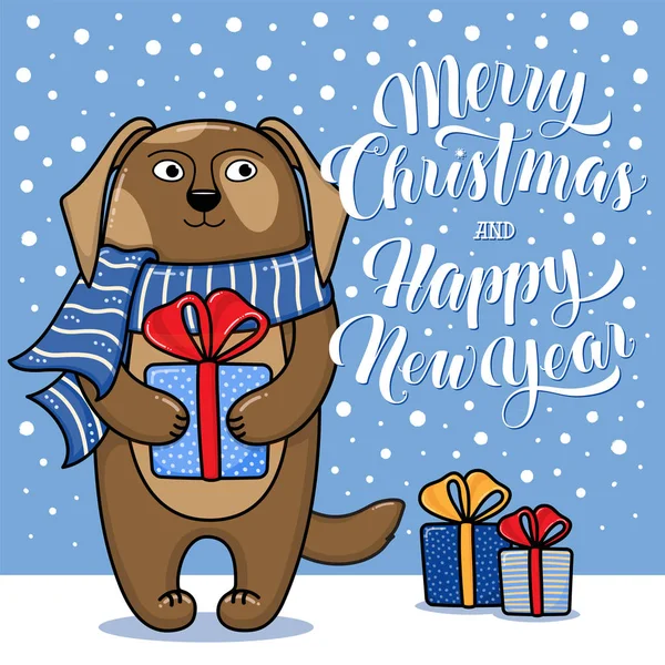 Köpek ile neşeli Noel ve mutlu yeni yıl tebrik kartı