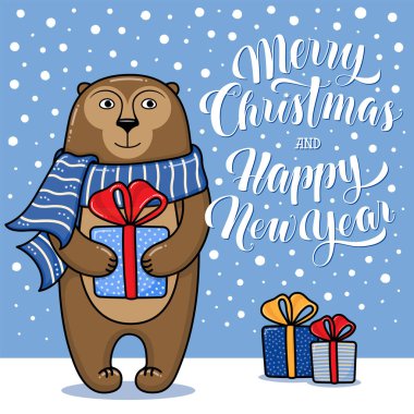 Maymun ile neşeli Noel ve mutlu yeni yıl tebrik kartı