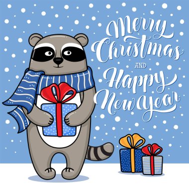 Rakun ile neşeli Noel ve mutlu yeni yıl tebrik kartı