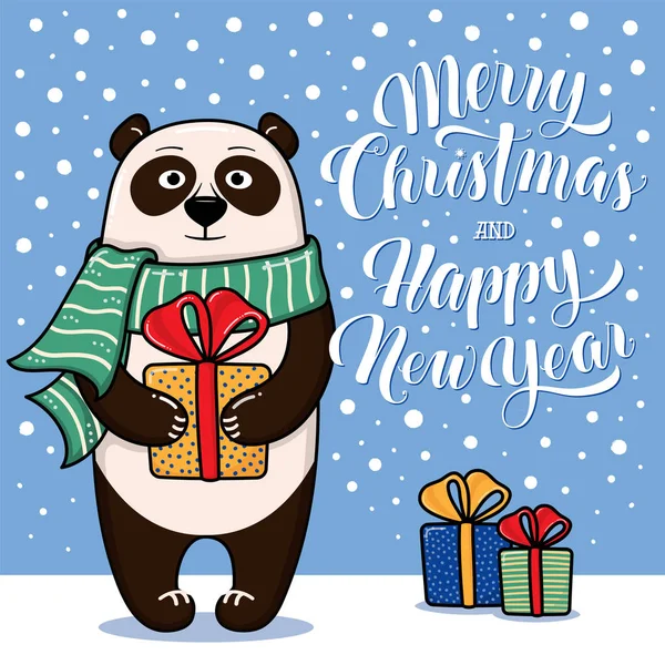 Panda ile neşeli Noel ve mutlu yeni yıl tebrik kartı