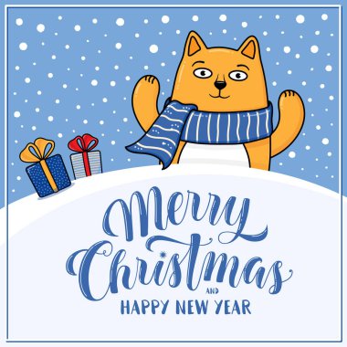 Kedi ile neşeli Noel ve mutlu yeni yıl tebrik kartı