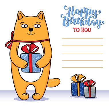 Mutlu doğum günü tebrik kartı ile bir hediye tutan kedi