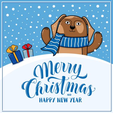 Köpek ile neşeli Noel ve mutlu yeni yıl tebrik kartı