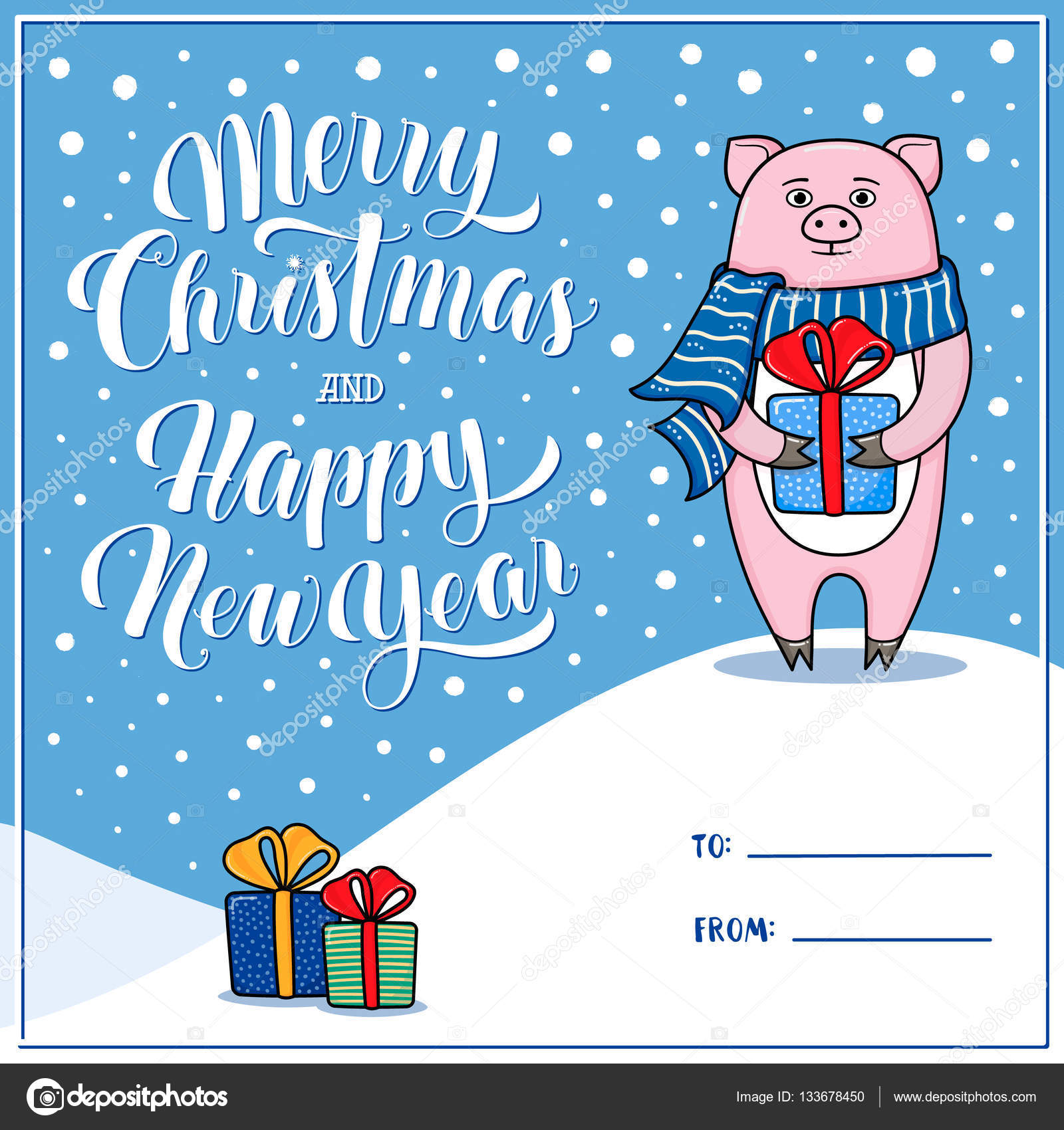 Buon Natale e felice anno nuovo auguri con maiale — Vettoriale Stock