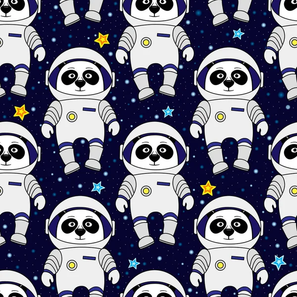 Astronauta Panda y estrellas en el espacio, patrón sin costuras — Vector de stock
