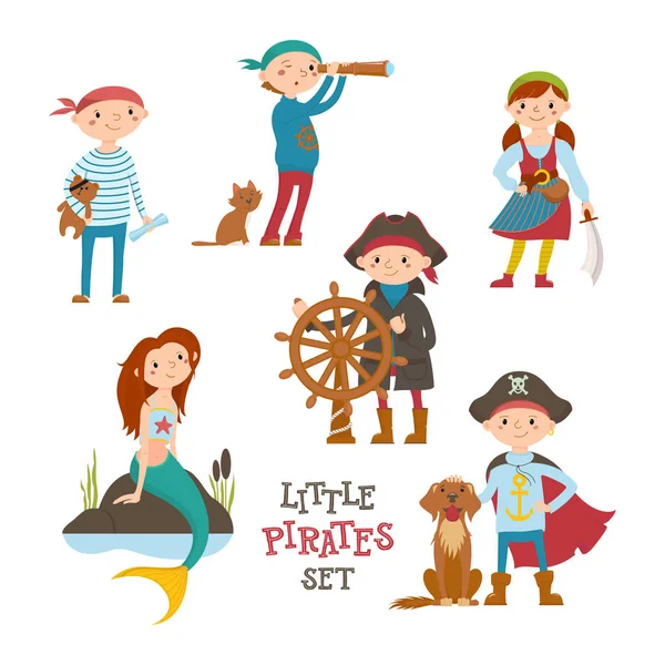 Ensemble de dessin animé mignon petit pirate, marins enfants et sirène — Image vectorielle