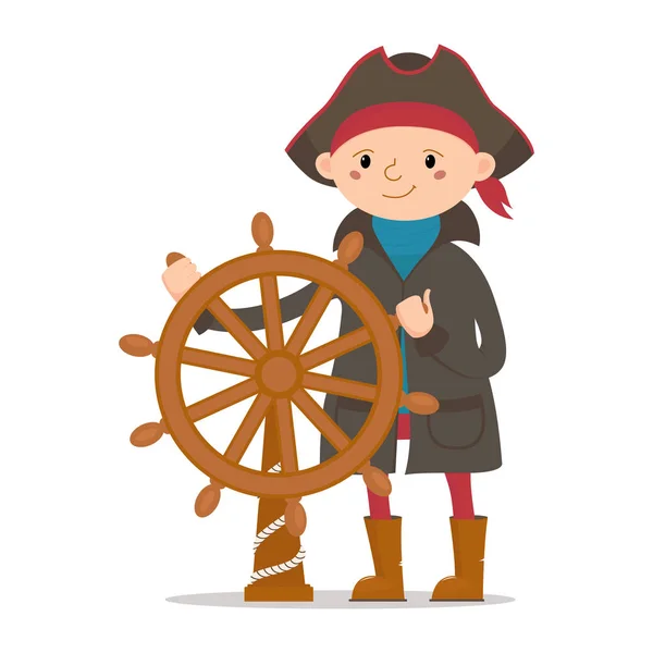 Little boy dressed as sailor, pirate captain holding ship wheel — Stock Vector