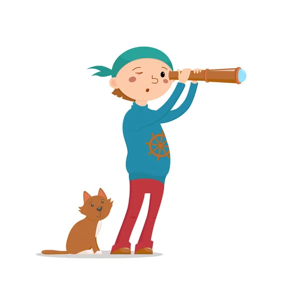 Little boy playing pirates with cat, looking into handheld telescope — Stock Vector