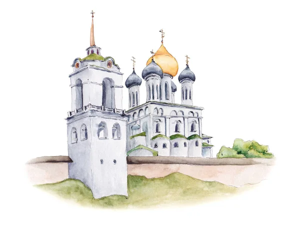 Cattedrale della Trinità di Pskov Cremlino, Chiesa ortodossa russa, acquerello illustrazione — Foto Stock