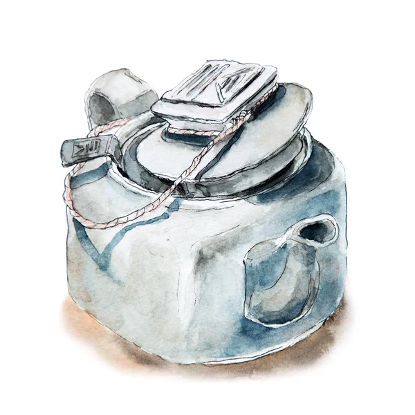Square Chinese teapot, tea pot with strainer, sketch watercolor illustration — Stock Photo, Image