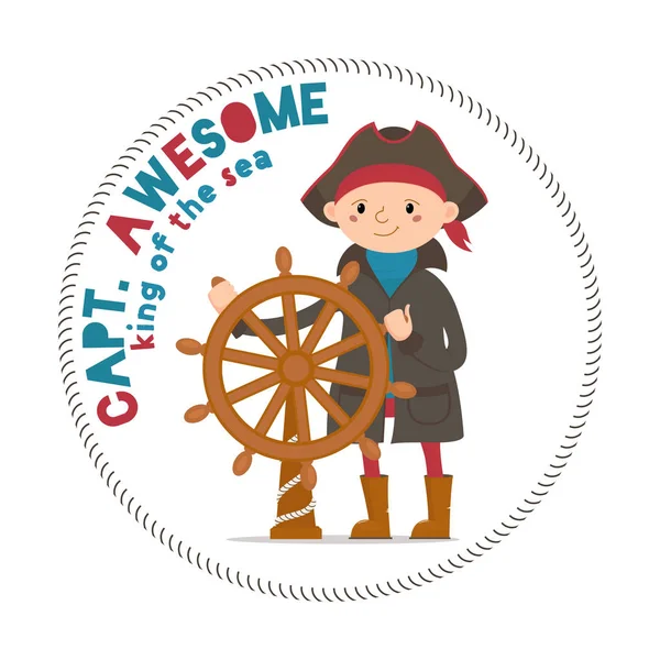 Captain Awesome lettering with boy sailor, pirate holding steering wheel — Stock Vector