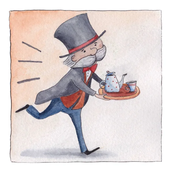 Anglický komorník spěchal sloužit pěti-o hodiny čaj — Stock fotografie