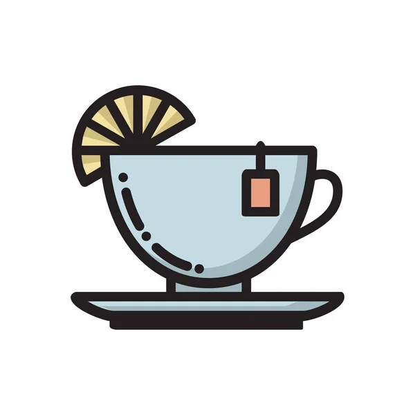 Taza de té con rodaja de limón y el icono de etiqueta de la bolsa de té — Vector de stock