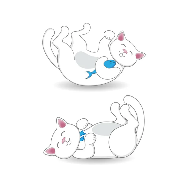 Gato branco bonito deitado de costas em duas posições —  Vetores de Stock