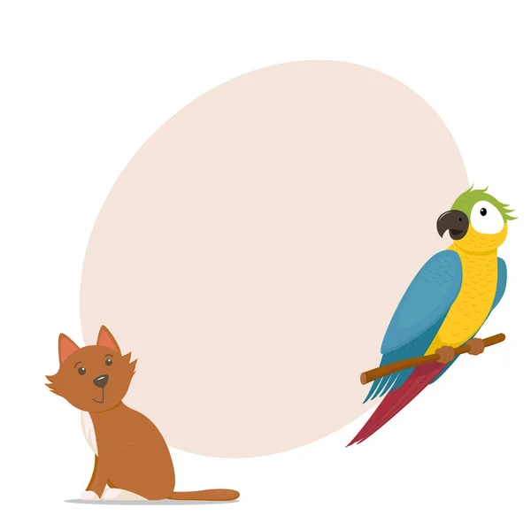 Papuga Ara, mały czerwony kot i miejsce dla tekstu — Wektor stockowy