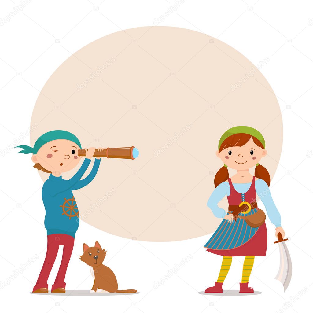 Boy and girl dressed pirates with place for text