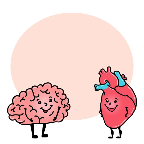 Personaje divertido del cerebro y el corazón, espacio para el texto — Vector de stock