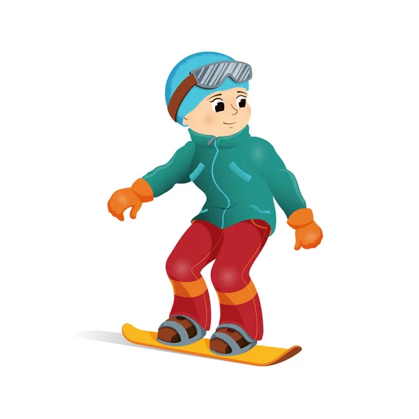 Веселый веселый мальчик сноуборд вниз, зимний спорт — стоковый вектор