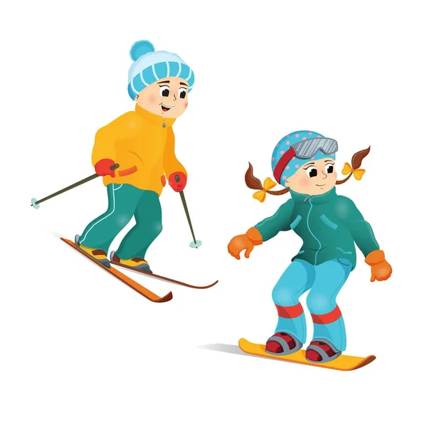Feliz chico divertido esquiando cuesta abajo, deporte de invierno — Vector de stock