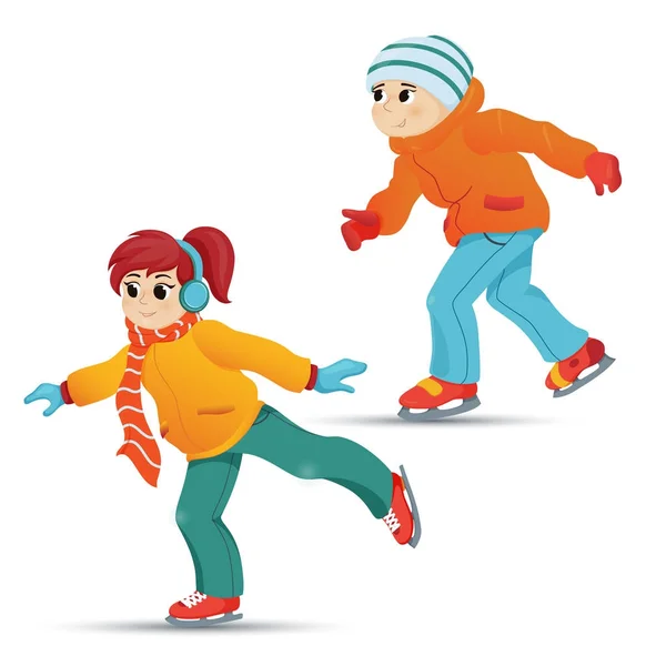 Підлітковий хлопчик і дівчинка катаються на ковзанах, зимовий спорт — стоковий вектор