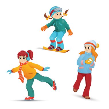 Kızlar buz pateni, snowboard, kartopu oynarken