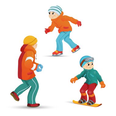 Çocuklar buz pateni, snowboard, kartopu oynarken