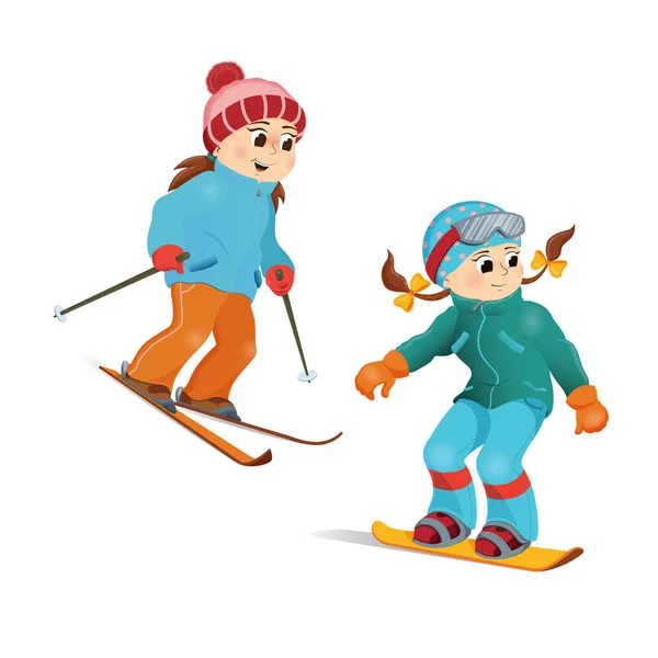 Two girls in warm clothes snowboarding and skiing — Stock Vector