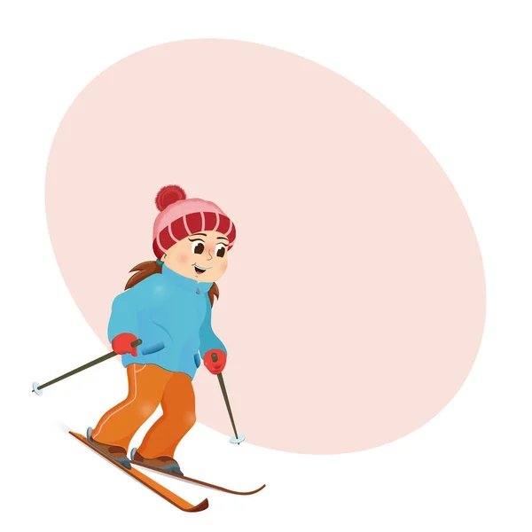 Funny girl skiing downhill with place for text — Stock Vector