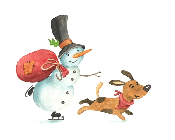 Acuarela muñeco de nieve y perro divertido, personajes de cachorro — Foto de Stock