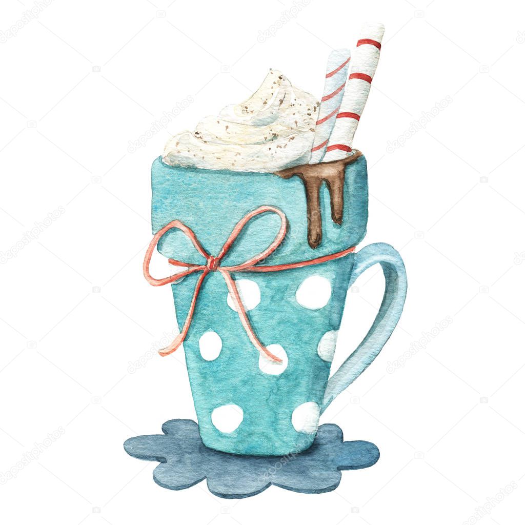 Watercolor cup, mug of Christmass hot chocolate