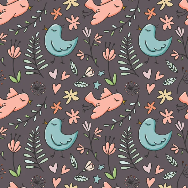 Seamless pattern with birds and flowers on dark — Stock Vector