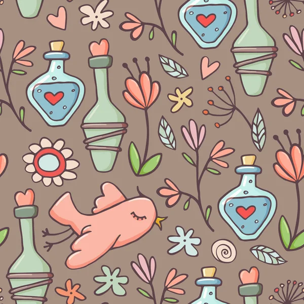 Seamless pattern, potions, birds, flowers, brown — Stock Vector