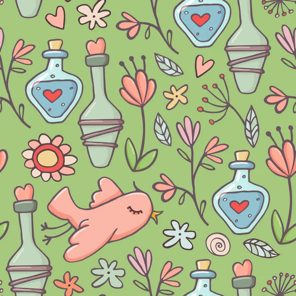 Seamless pattern, potions, birds, flowers, green — Stock Vector