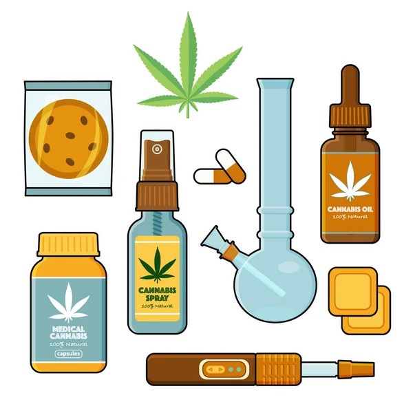 Cannabis, formas de marihuana para uso médico set plano — Vector de stock