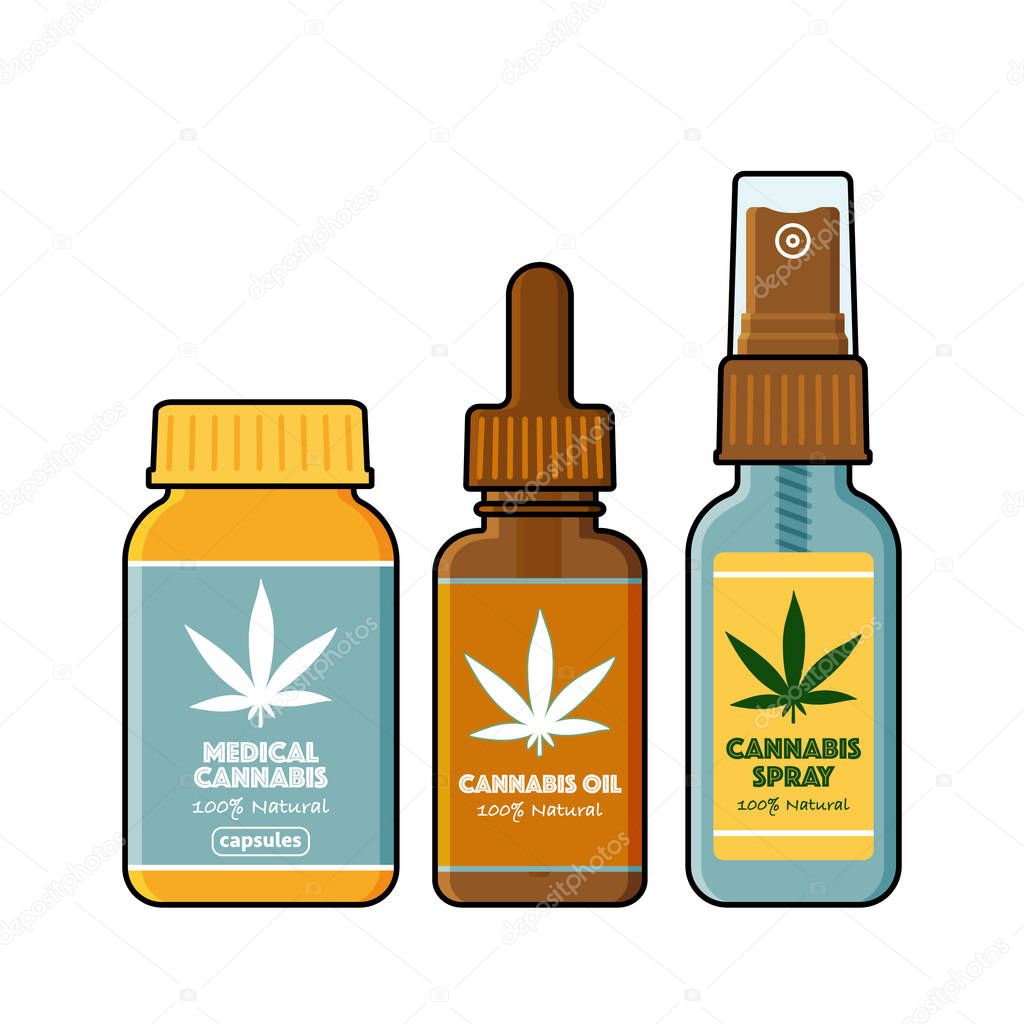 Set of spray, tincture, pills of medical cannabis with marijuana logo on the label, flat vector illustration isolated on white background. Medical cannabis, marijuana in pills, tincture oil and spray