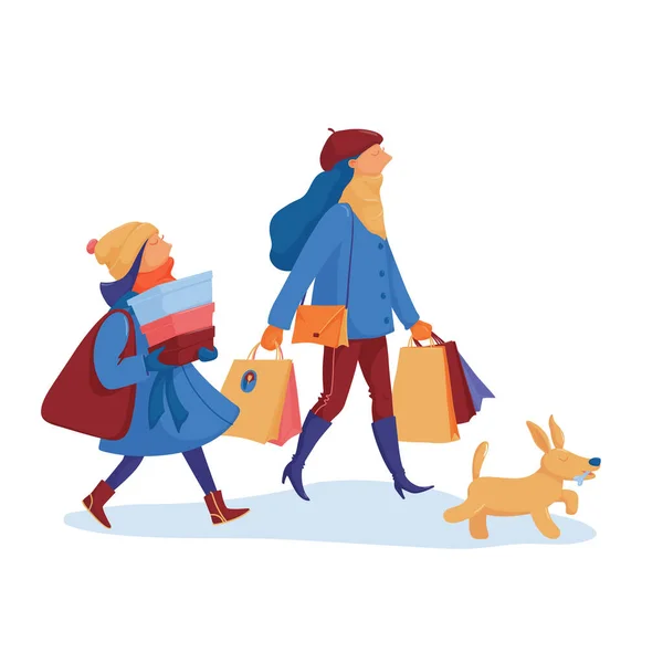 Δύο κορίτσια και ένας σκύλος πάνε σπίτι από τα ψώνια. — Διανυσματικό Αρχείο