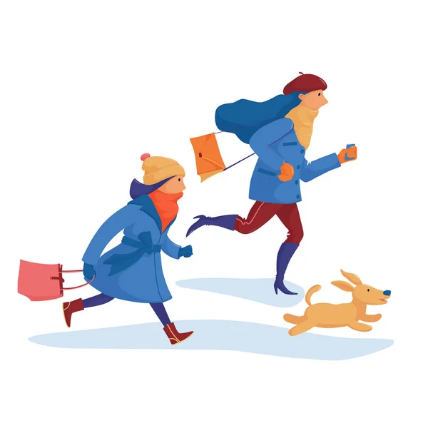 Two girls, friends hurrying, running to shopping — Stock Vector