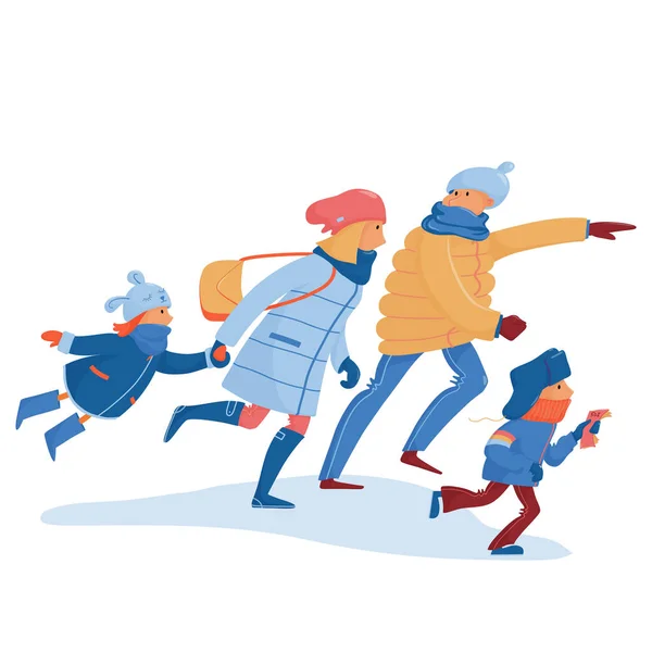 Family in warm clothes hurrying, rushing, running — Stock Vector