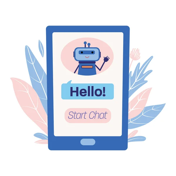 Lustiger Chatbot auf dem Bildschirm, der zum Chatten einlädt — Stockvektor