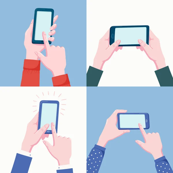 Hände, die Handy halten, Bildschirm anzapfen — Stockvektor