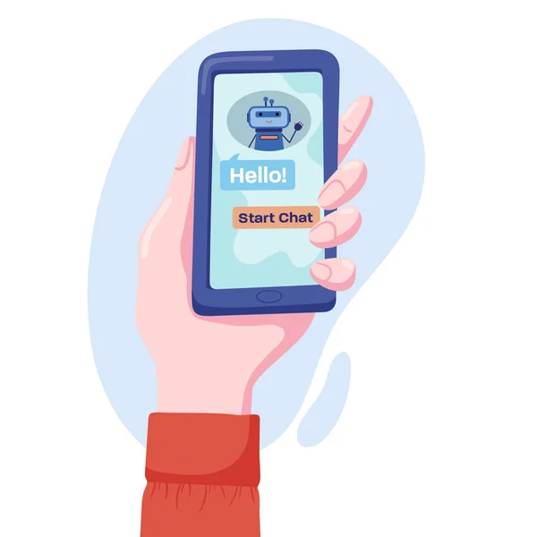 Hand holding mobile phone with chat bot on screen — Stock Vector