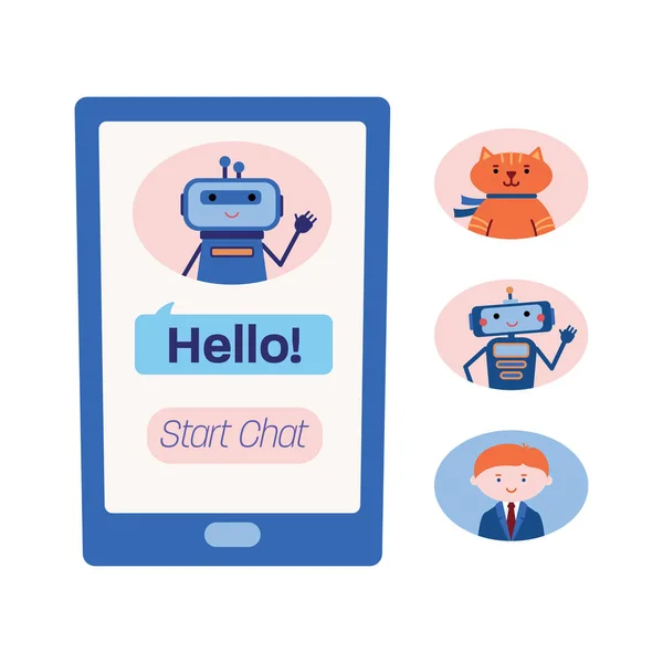 Smartphone-Bildschirm und vier Varianten von Chatbots — Stockvektor