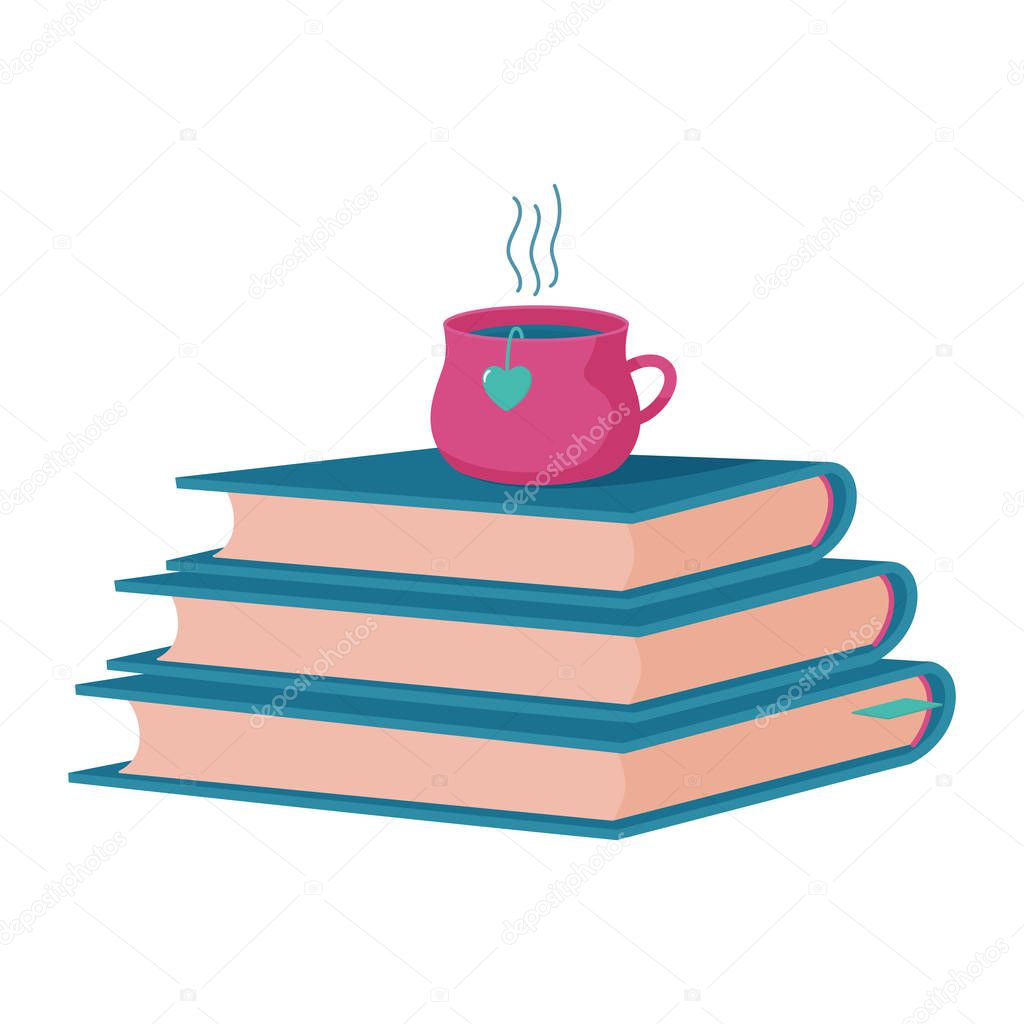 Stack of books with cup of hot tea, coffee on top