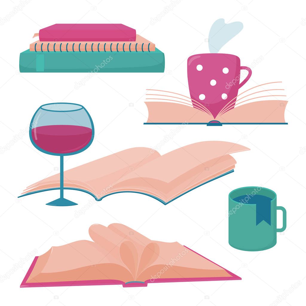 Collection of book logo templates, cups and wine
