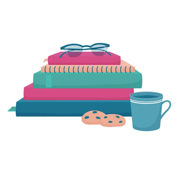 Montón de libros, vasos, taza de té caliente y galletas — Vector de stock