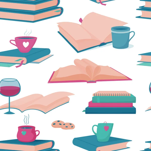 Patrón sin costuras con libros, copas y copas de vino — Vector de stock