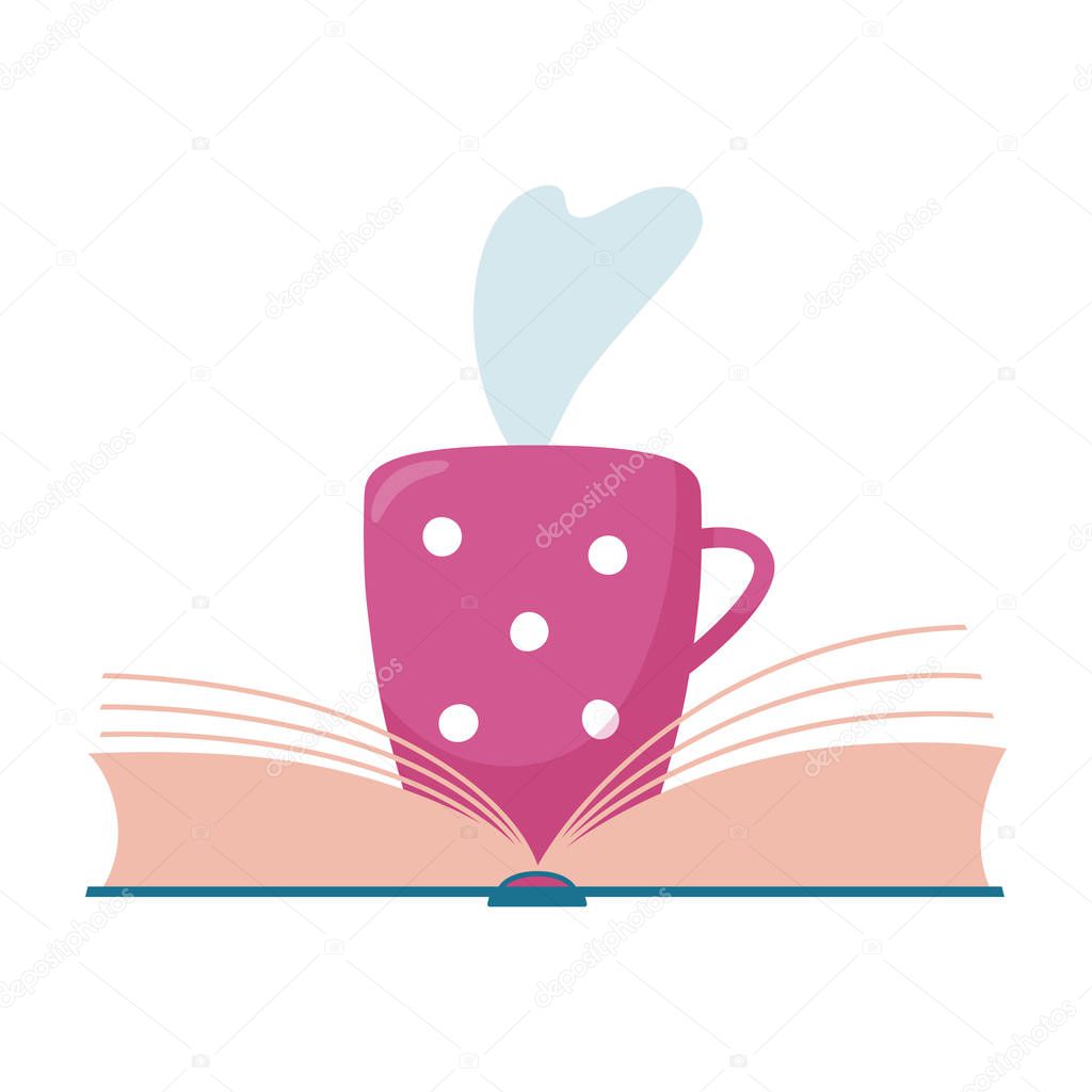 Stylized open book and cup, mug of hot tea or coffee beverage with steam raising up in the shape of heart, reading club or book blog logo template, cute vector illustration on white background