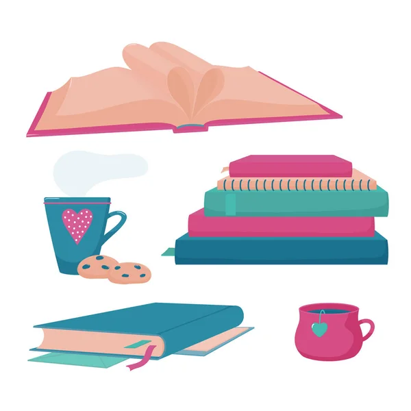 Montón de libros, libro de texto cerrado, taza, taza, galletas — Vector de stock